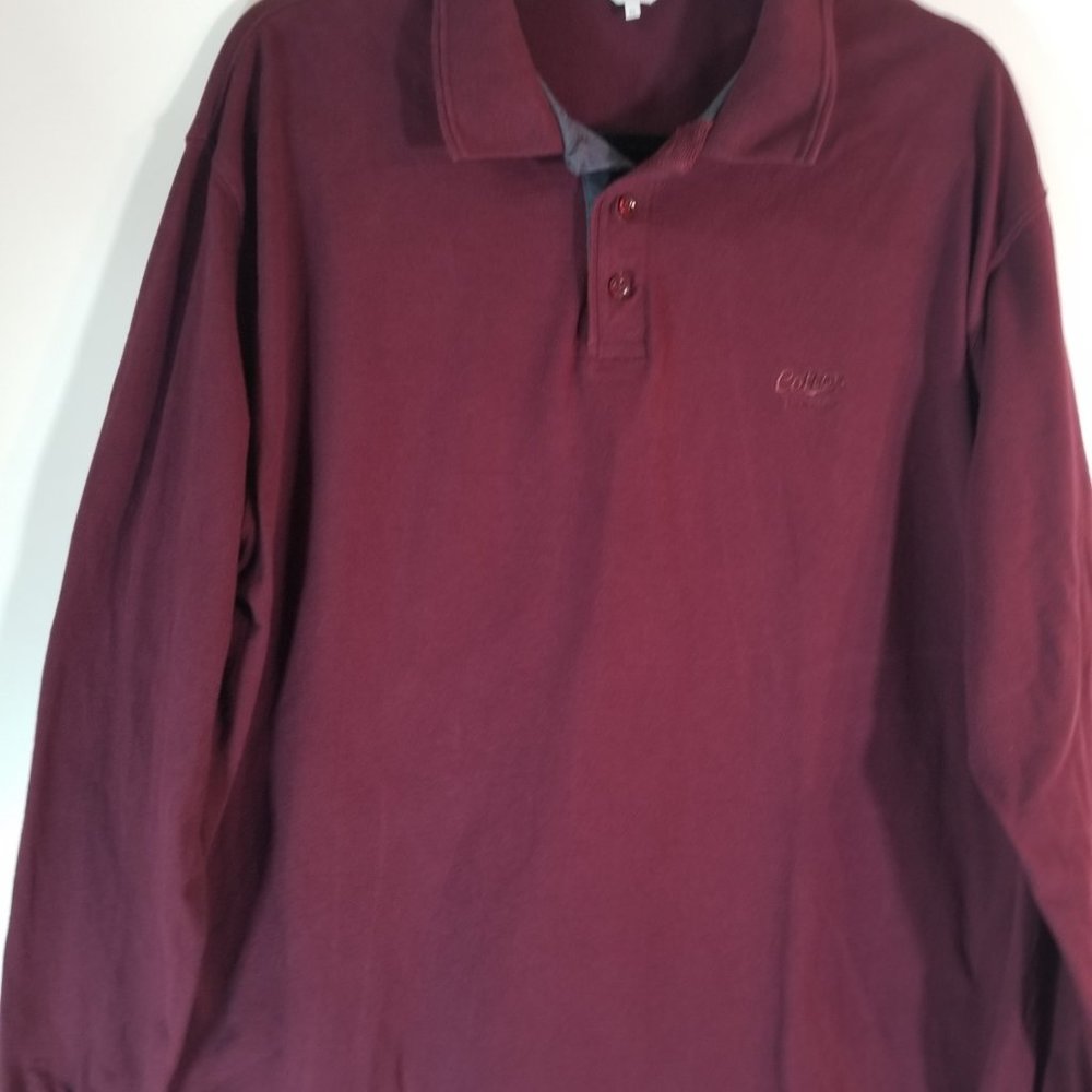 Cotton Traders Long Sleeve Burgundy Polo Shirt 3/4 Button Up Size XL